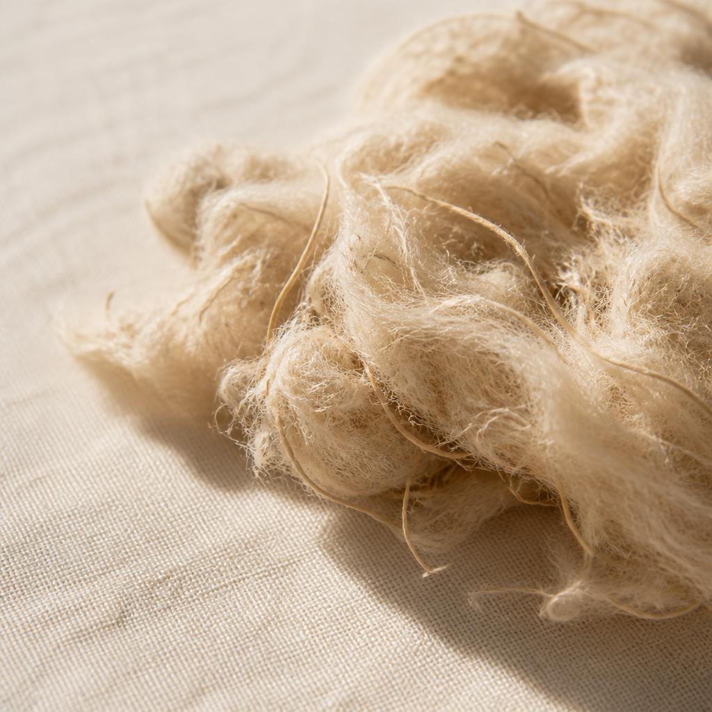 Macro view of raw cottonized hemp fibre on natural linen